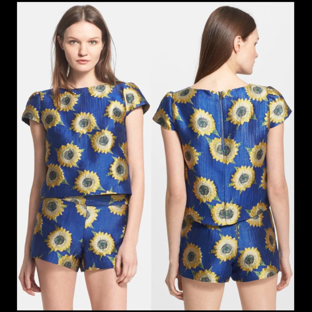 Alice + Olivia Blue Sunflower Print Crop Top